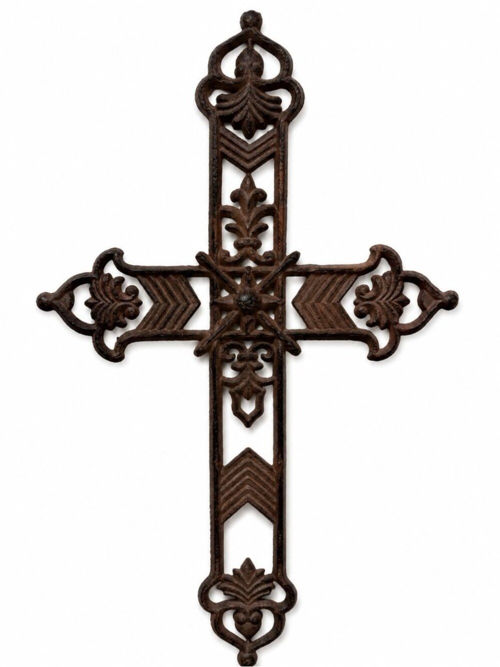 Vintage Cast Iron Cross Wall Decor, Ornate Gothic Fleur de Lis Cross, Rustic